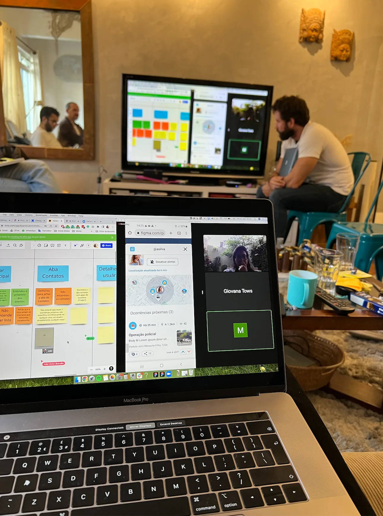 Remote testing setup — Miro board, Figma prototype, and Zoom call