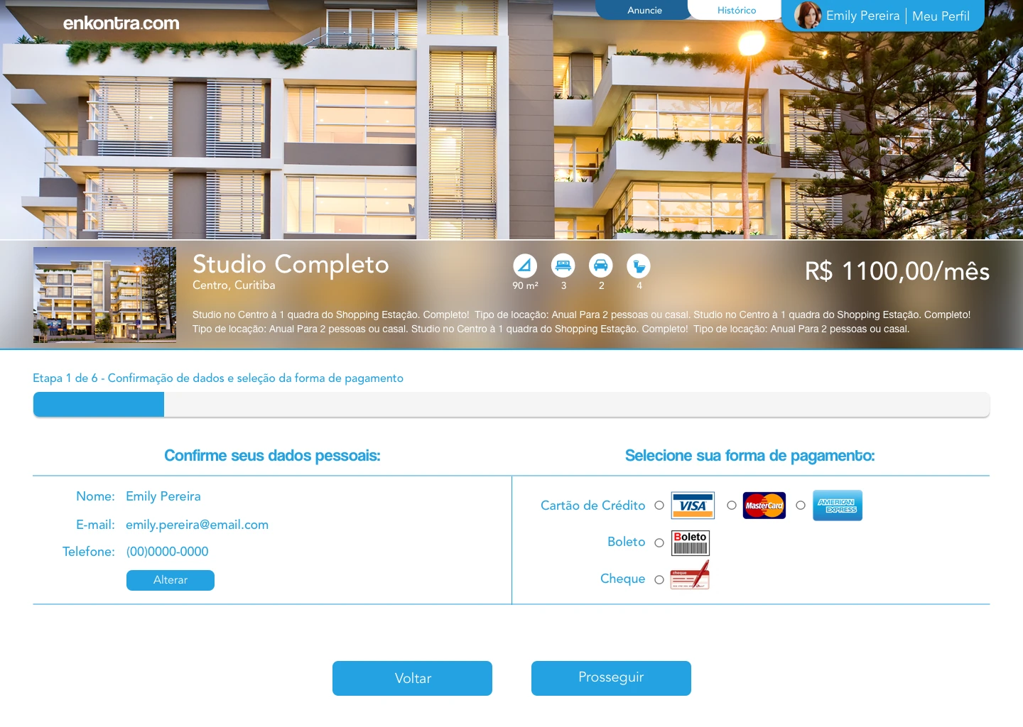 Enkontra.com rental process — confirm details and payment method