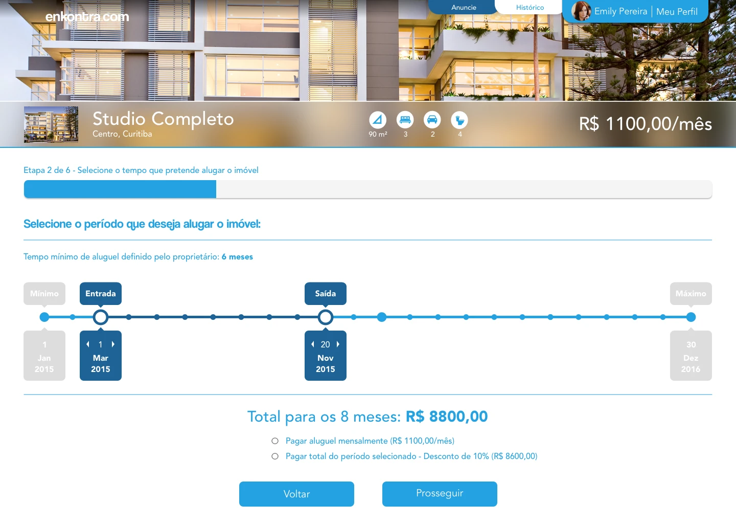 Enkontra.com rental process — select the rental period