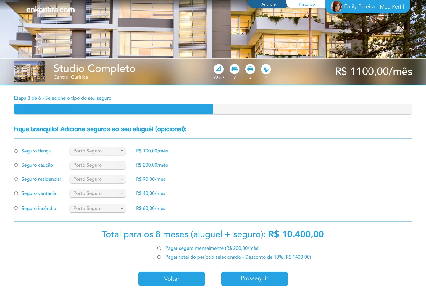 Enkontra.com rental process — add optional insurance