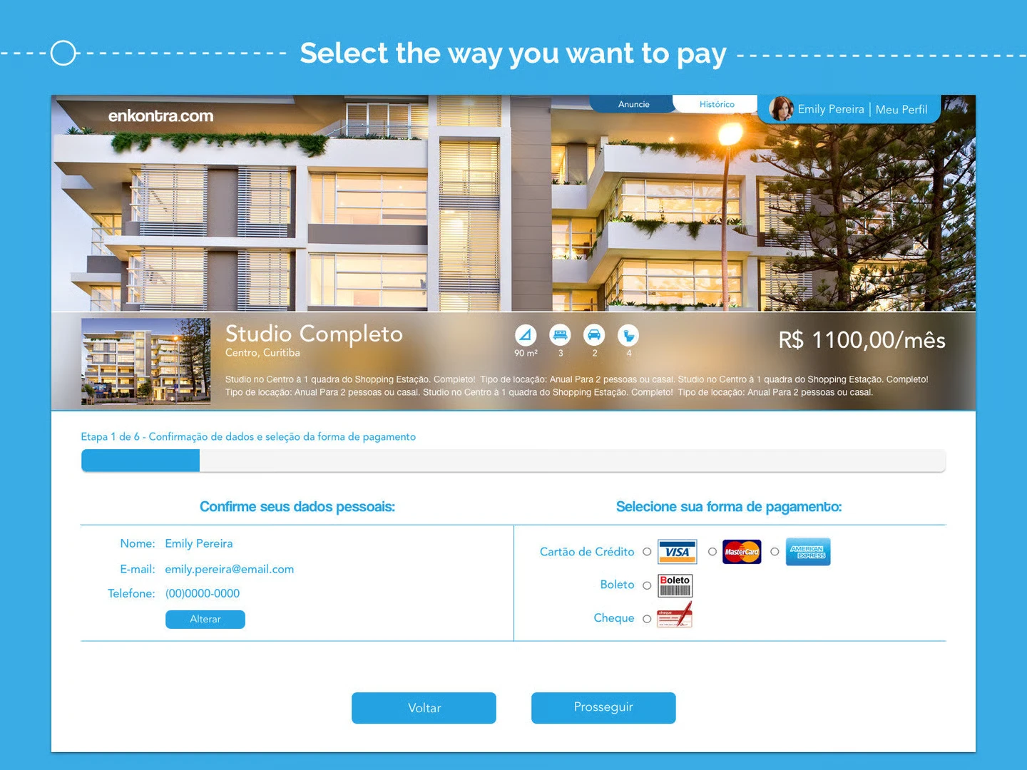 Enkontra.com rental process — payment method selection