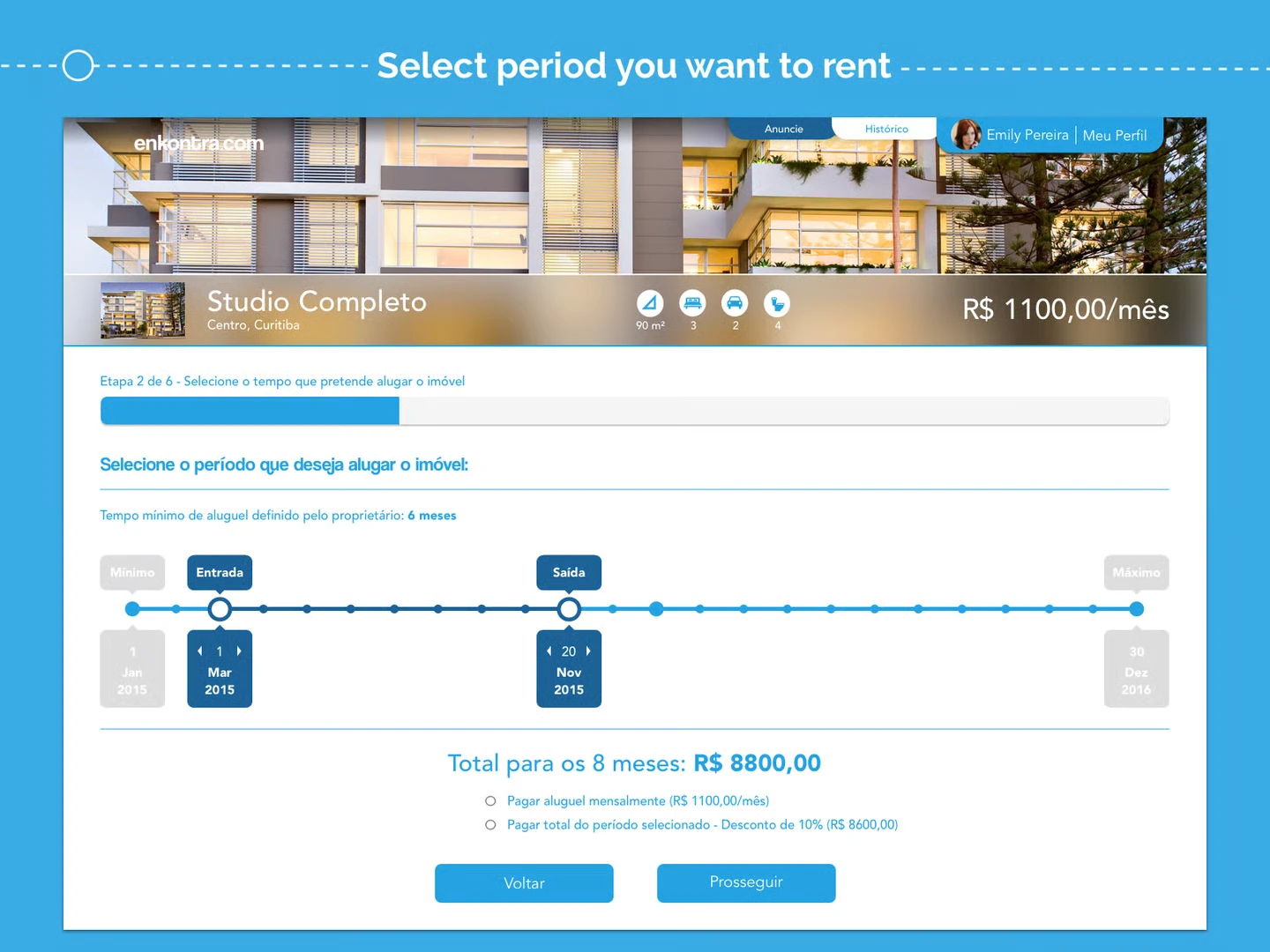 Enkontra.com rental process — selecting the rental period