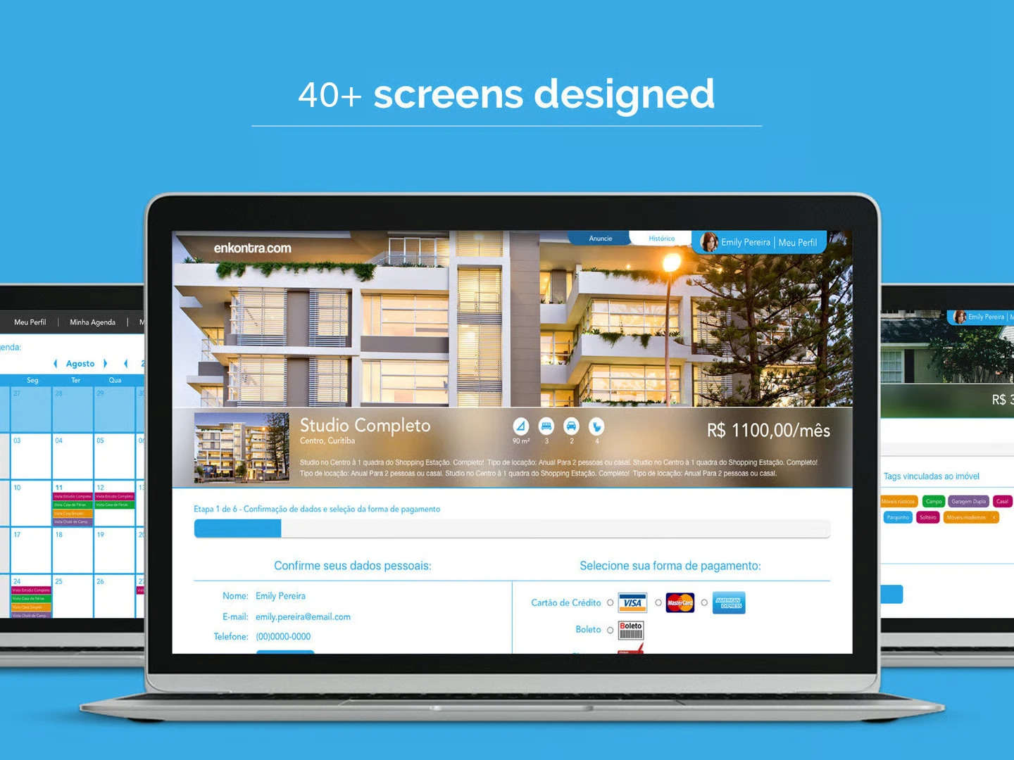 Overview of Enkontra.com screens shown across three laptops