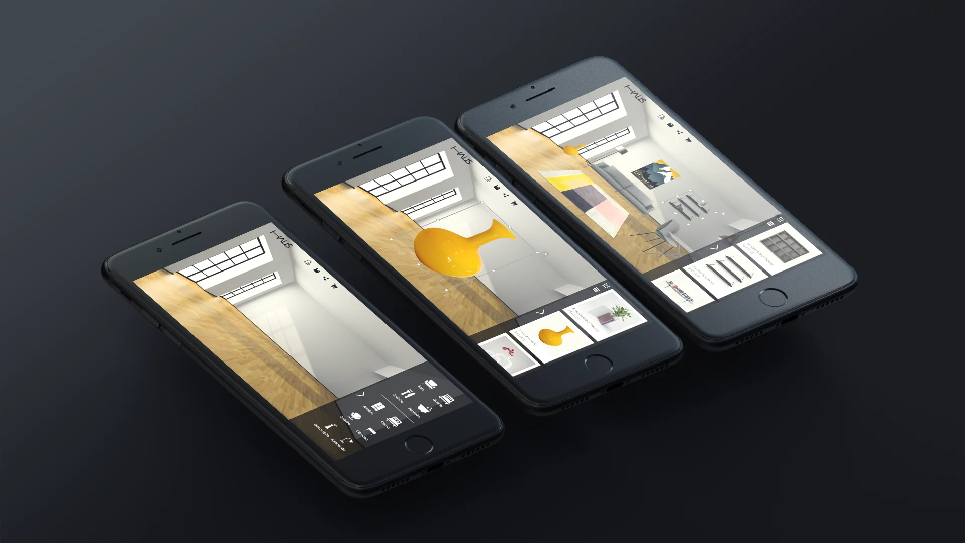 Haus decoration app shown across three phones