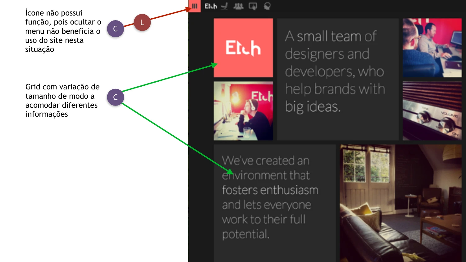 Benchmarking — Etch homepage, annotated with usability notes