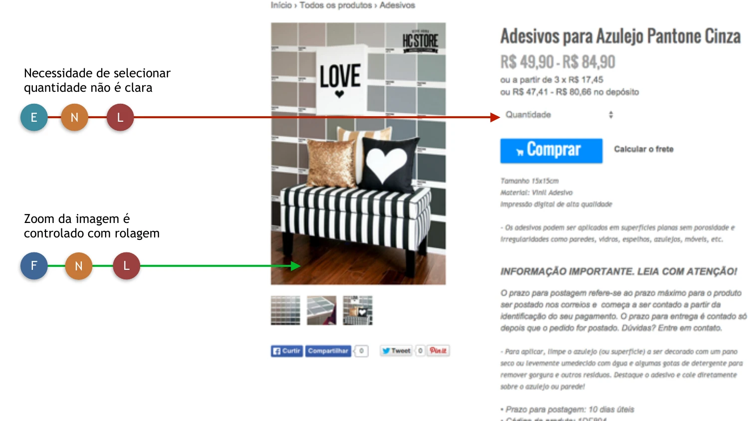 Benchmarking — HC Store product detail page, annotated with usability notes