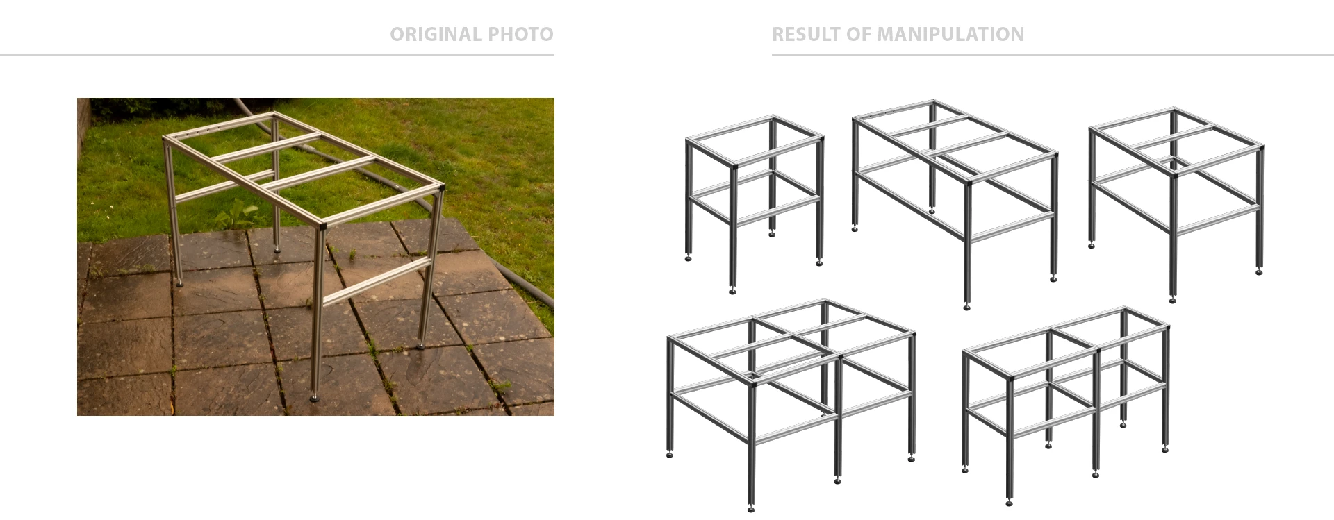 A photo of a table turned into five different models