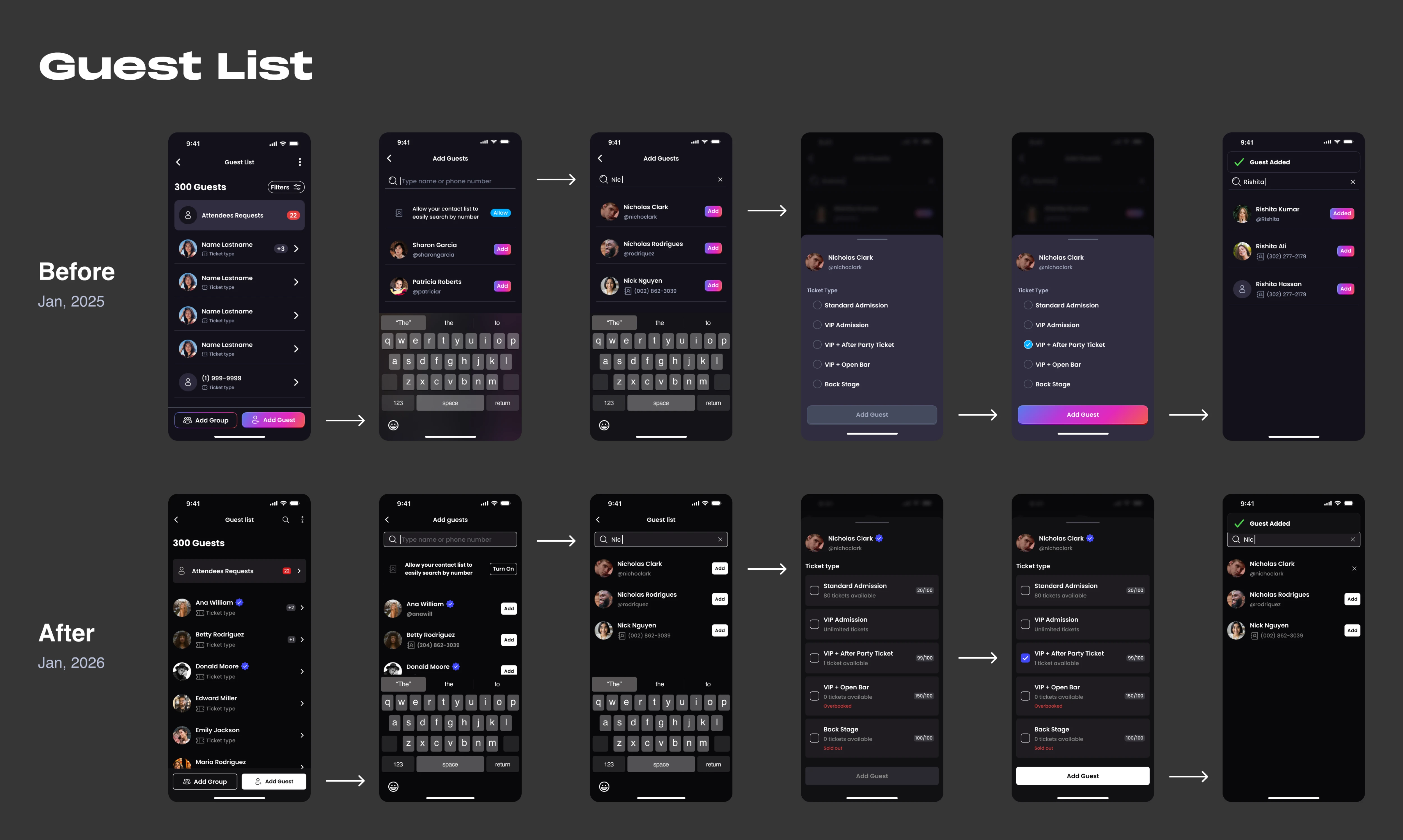 Before and after comparison of the Guest List flow of Plots